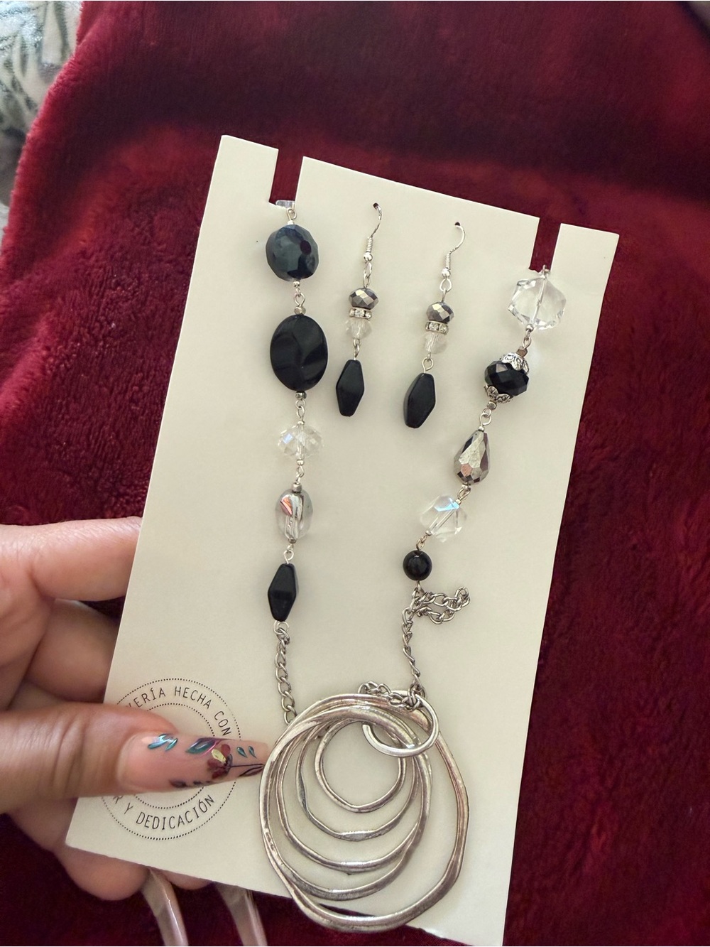 Silver Multi-Ring Pendant Necklace with Black and Clear Beads - Women Jewelry